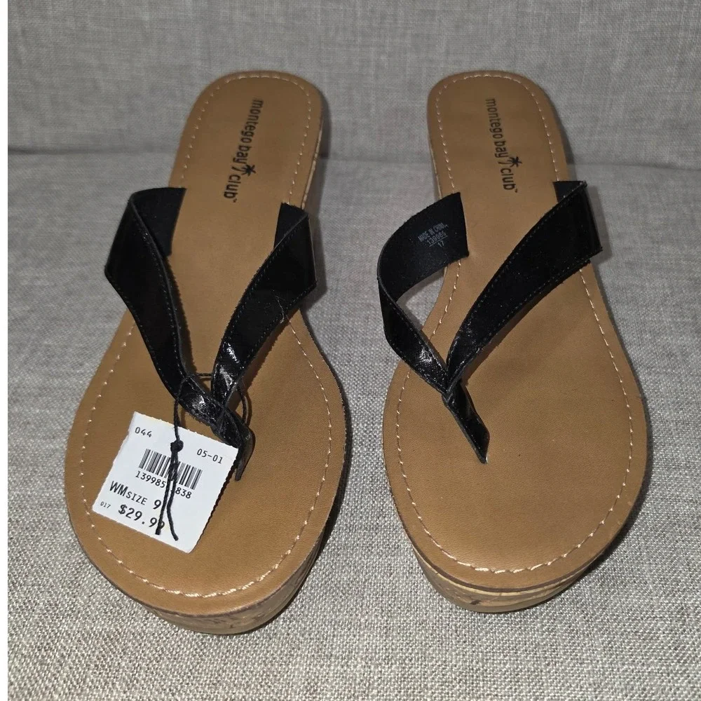 Y2K Montego Bay Club Womens Black Patent Cork Wedge Thong Sandals Size 9 139985